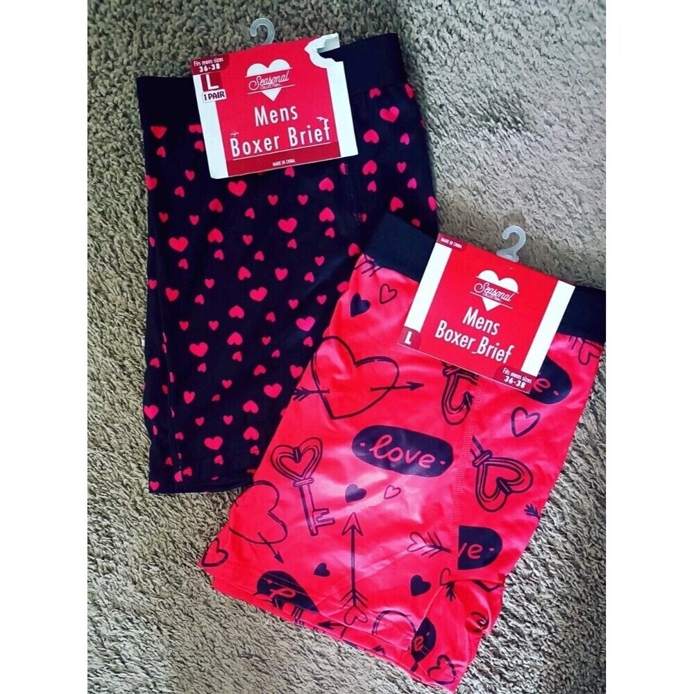 Men's Valentine Day Boxer Brief Set Of 2 Large 36-38 Red Black Microstretch NWT